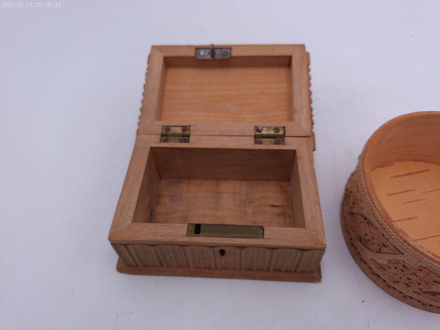 Hand Craved Lot of Two Wooden Storage Containers Vintage