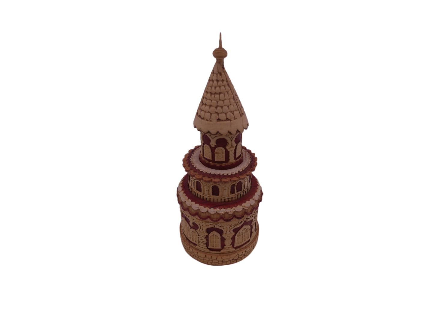 Hand Carved Round Wooden Container Church Building design Vintage