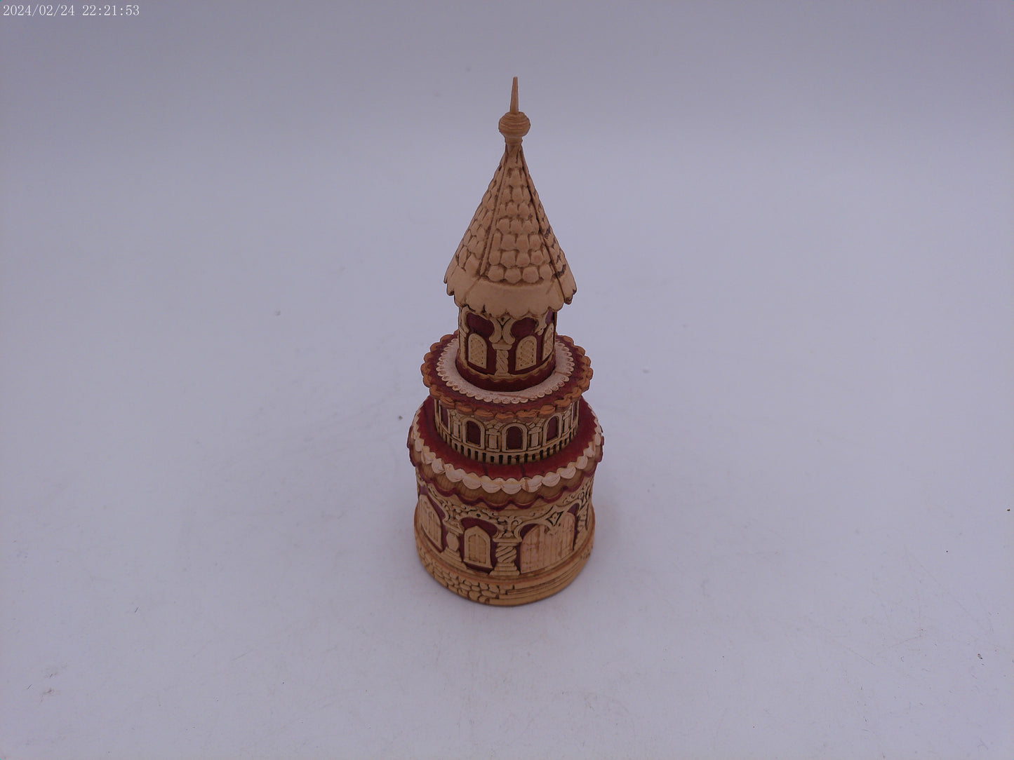 Hand Carved Round Wooden Container Church Building design Vintage