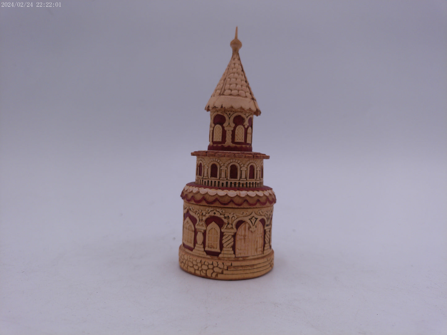 Hand Carved Round Wooden Container Church Building design Vintage