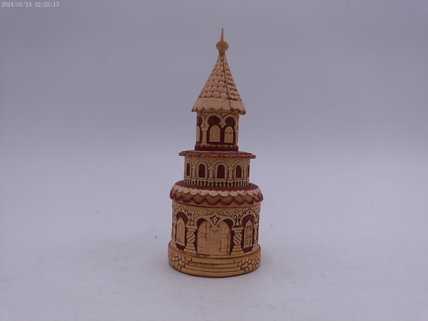 Hand Carved Round Wooden Container Church Building design Vintage