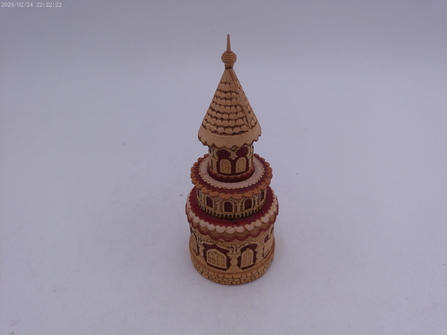 Hand Carved Round Wooden Container Church Building design Vintage
