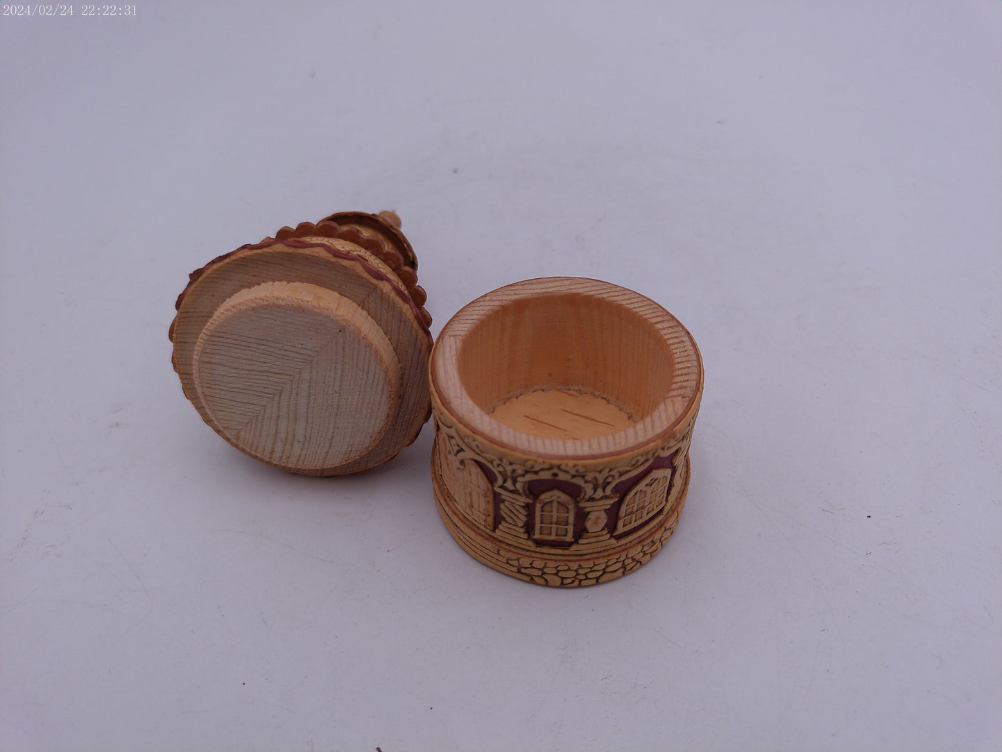 Hand Carved Round Wooden Container Church Building design Vintage