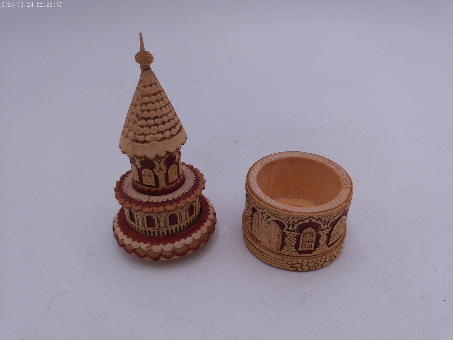 Hand Carved Round Wooden Container Church Building design Vintage