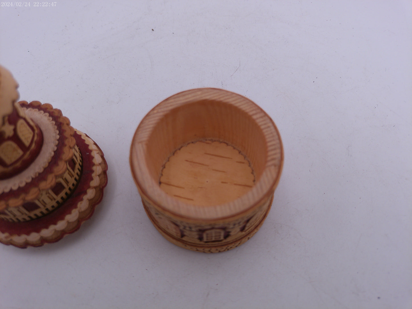 Hand Carved Round Wooden Container Church Building design Vintage