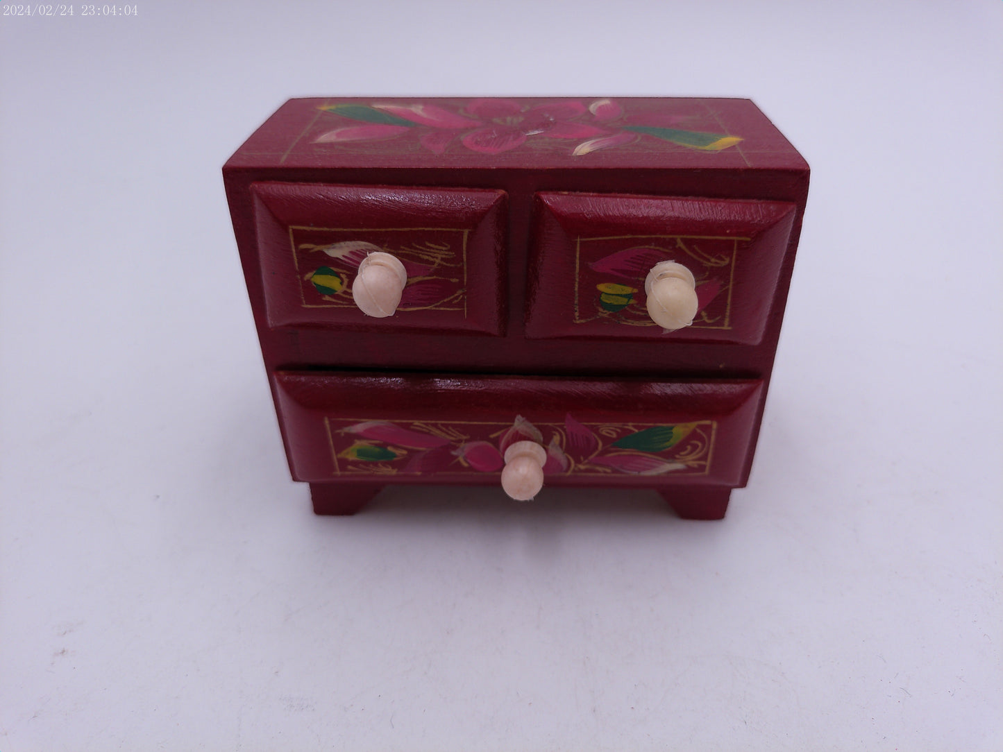 Wooden Craved Jewellery Ring Box with 3 Drawers floral design