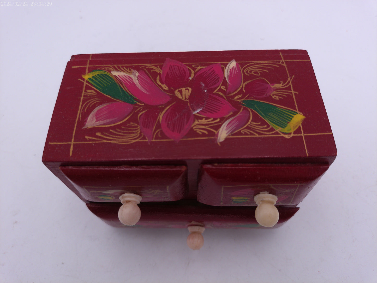 Wooden Craved Jewellery Ring Box with 3 Drawers floral design