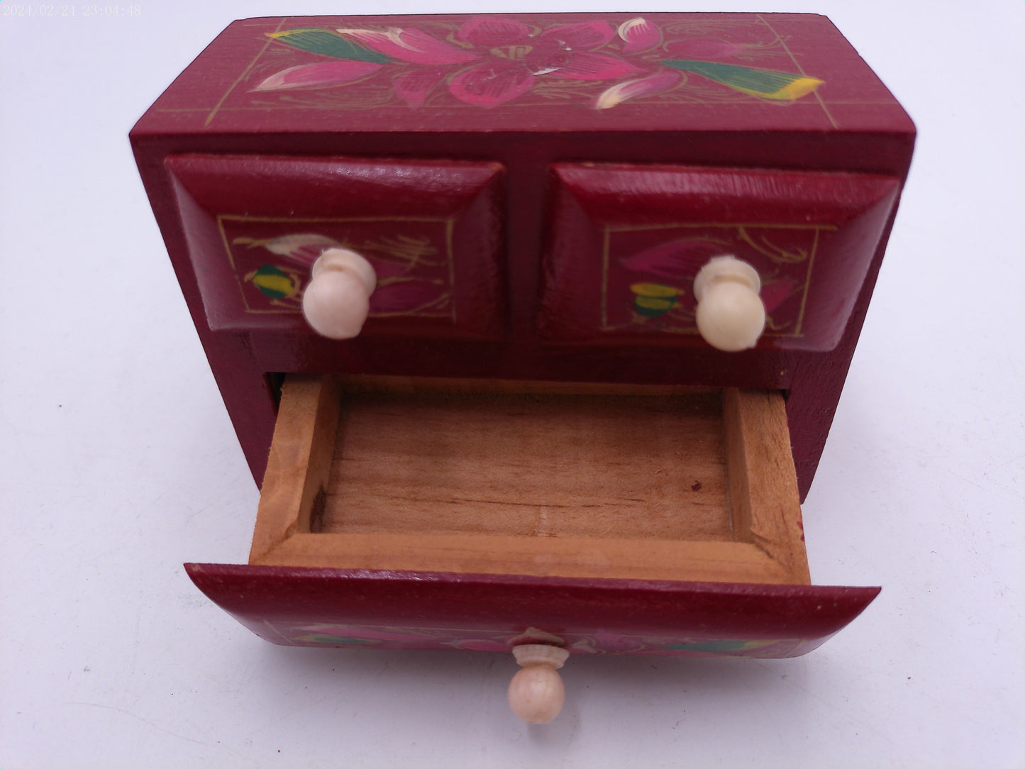 Wooden Craved Jewellery Ring Box with 3 Drawers floral design