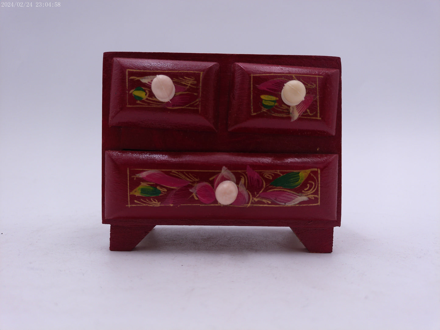 Wooden Craved Jewellery Ring Box with 3 Drawers floral design