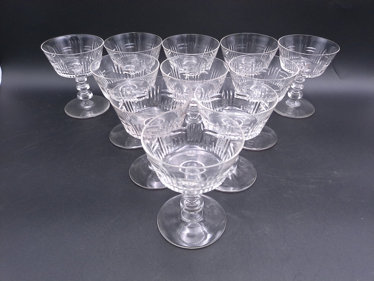 Tiffin Cut Glass Champagne or Sherbet Glasses 1950s with Vertical Design 11 Pieces