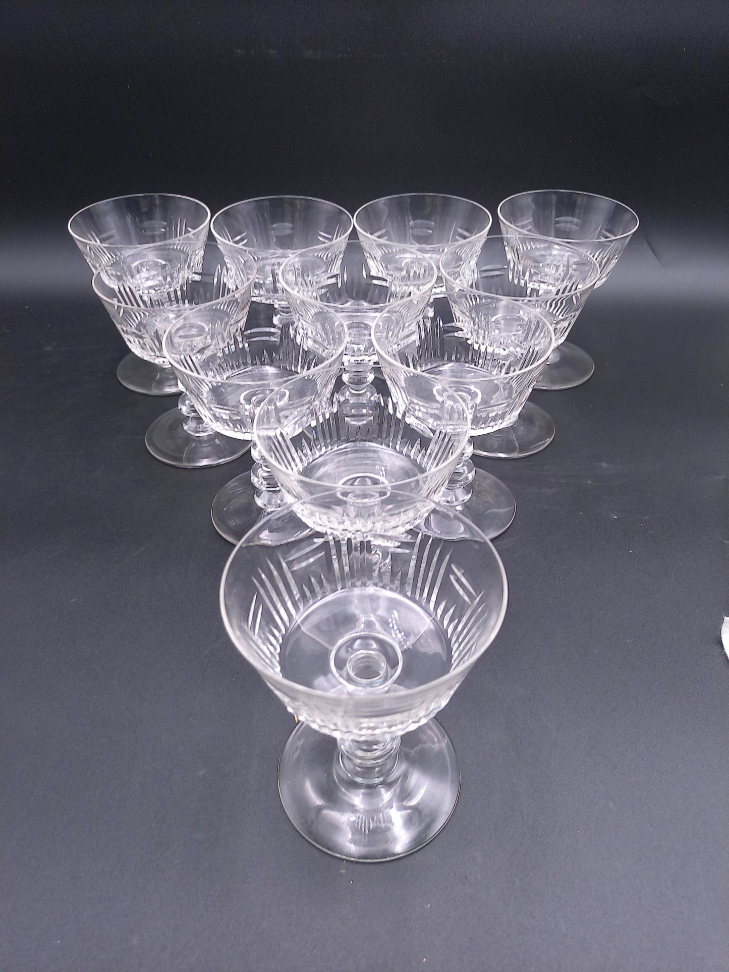 Tiffin Cut Glass Champagne or Sherbet Glasses 1950s with Vertical Design 11 Pieces