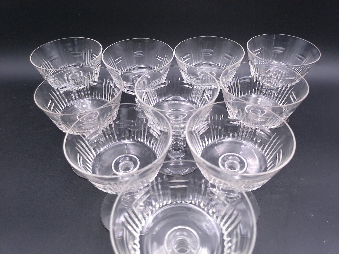 Tiffin Cut Glass Champagne or Sherbet Glasses 1950s with Vertical Design 11 Pieces