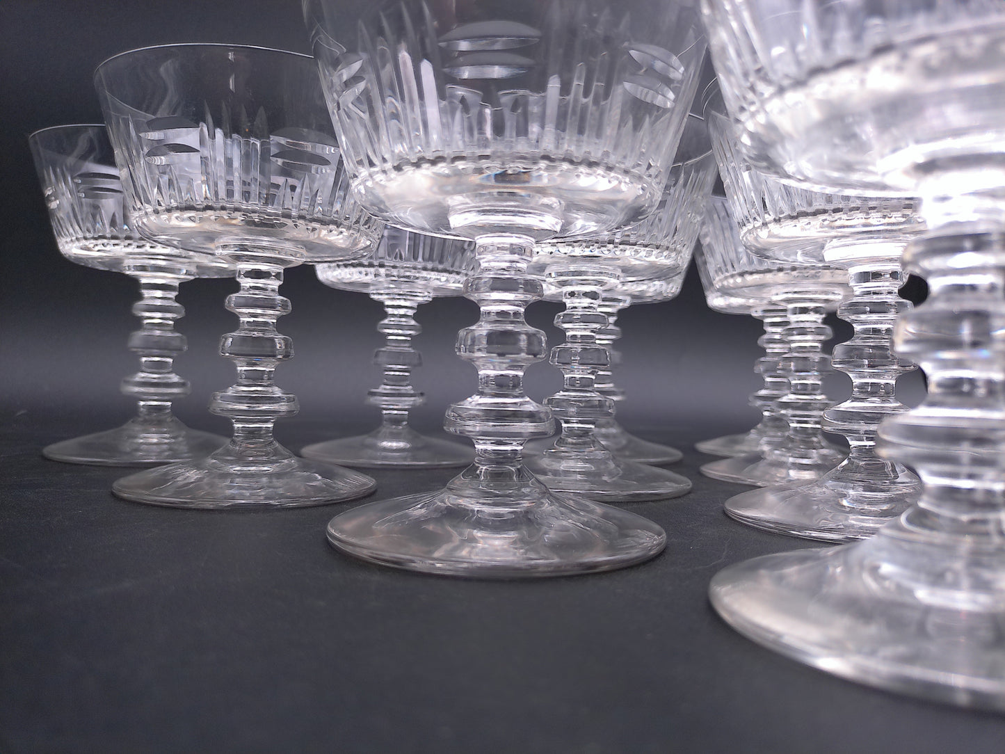 Tiffin Cut Glass Champagne or Sherbet Glasses 1950s with Vertical Design 11 Pieces