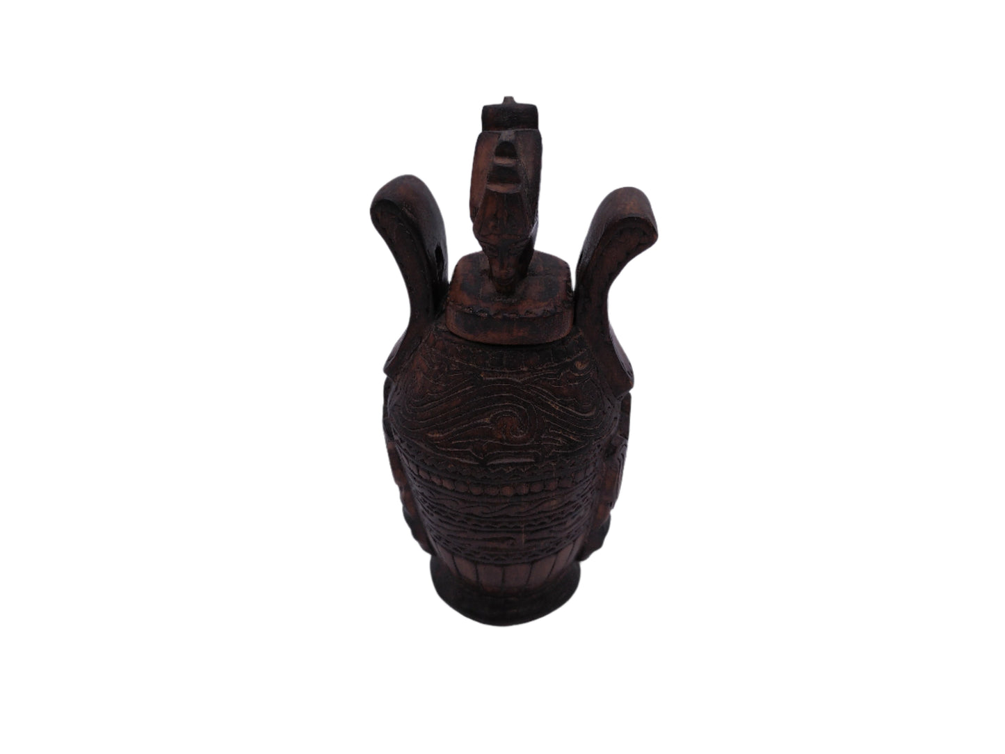 Very Old container has a detailed carved design all around, it has two handles and top lid.