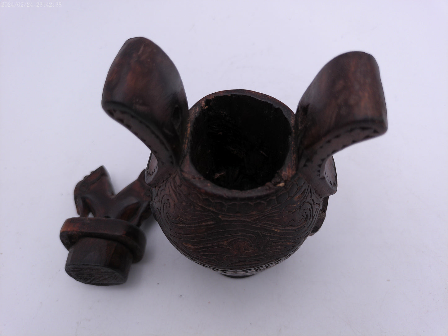 Very Old container has a detailed carved design all around, it has two handles and top lid.