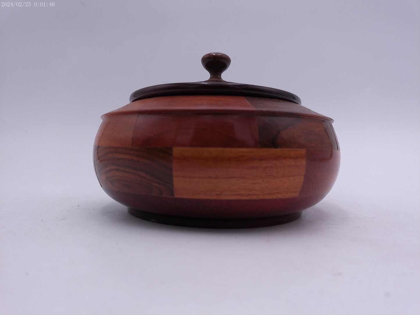 Vintage Hand Turned Round Wooden Bowl with Lid Parquetry