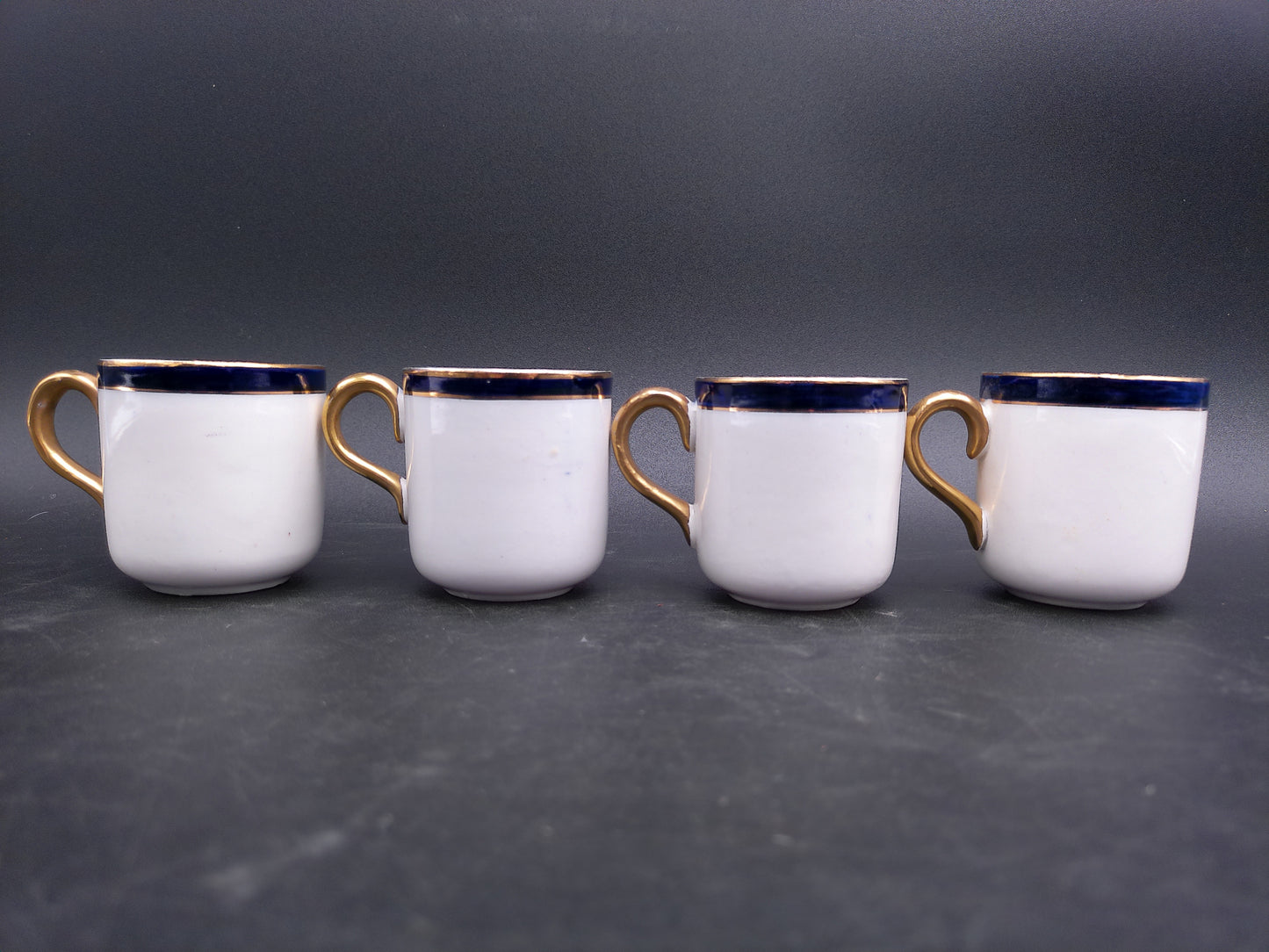 Elegant Vintage Cobalt Blue and White Floral Demitasse Tea Set 4 Cups Gold Handles
