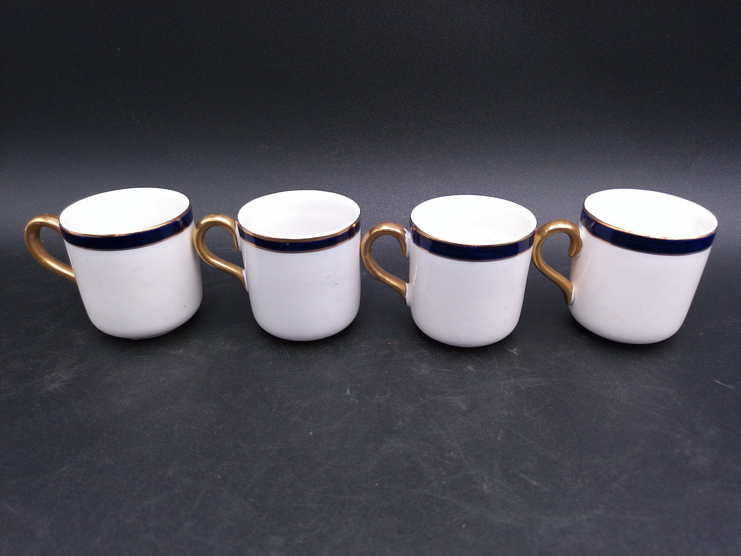 Elegant Vintage Cobalt Blue and White Floral Demitasse Tea Set 4 Cups Gold Handles