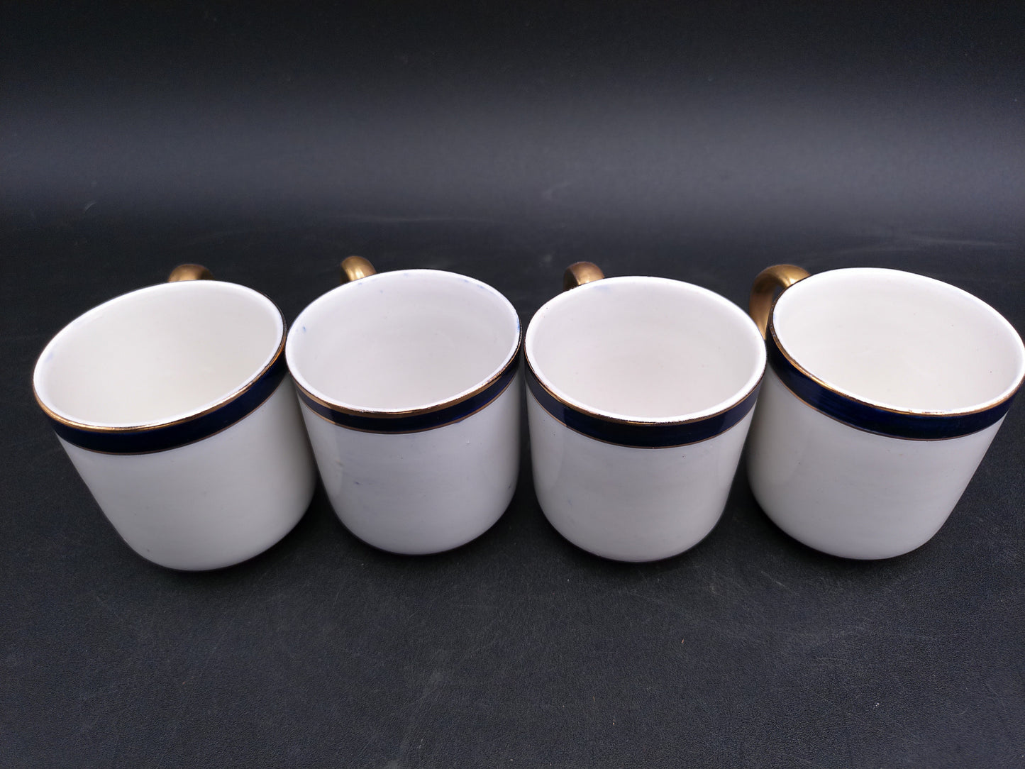 Elegant Vintage Cobalt Blue and White Floral Demitasse Tea Set 4 Cups Gold Handles