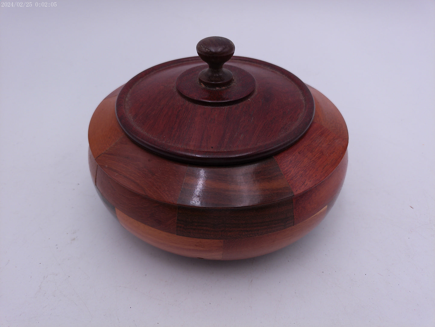 Vintage Hand Turned Round Wooden Bowl with Lid Parquetry