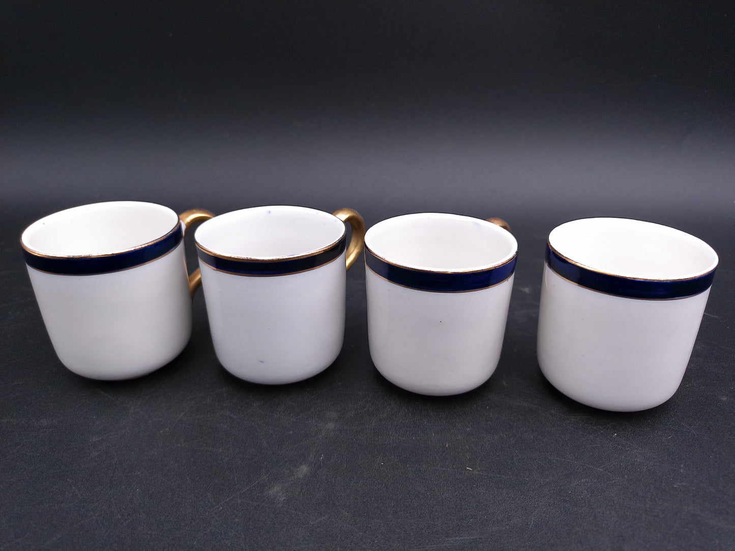 Elegant Vintage Cobalt Blue and White Floral Demitasse Tea Set 4 Cups Gold Handles