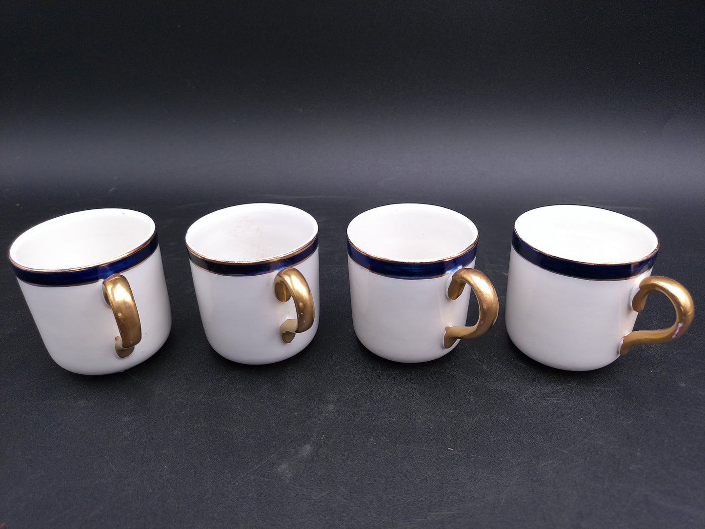 Elegant Vintage Cobalt Blue and White Floral Demitasse Tea Set 4 Cups Gold Handles