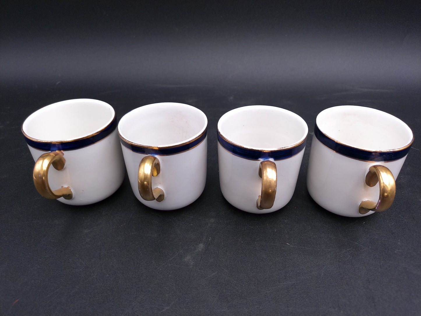 Elegant Vintage Cobalt Blue and White Floral Demitasse Tea Set 4 Cups Gold Handles