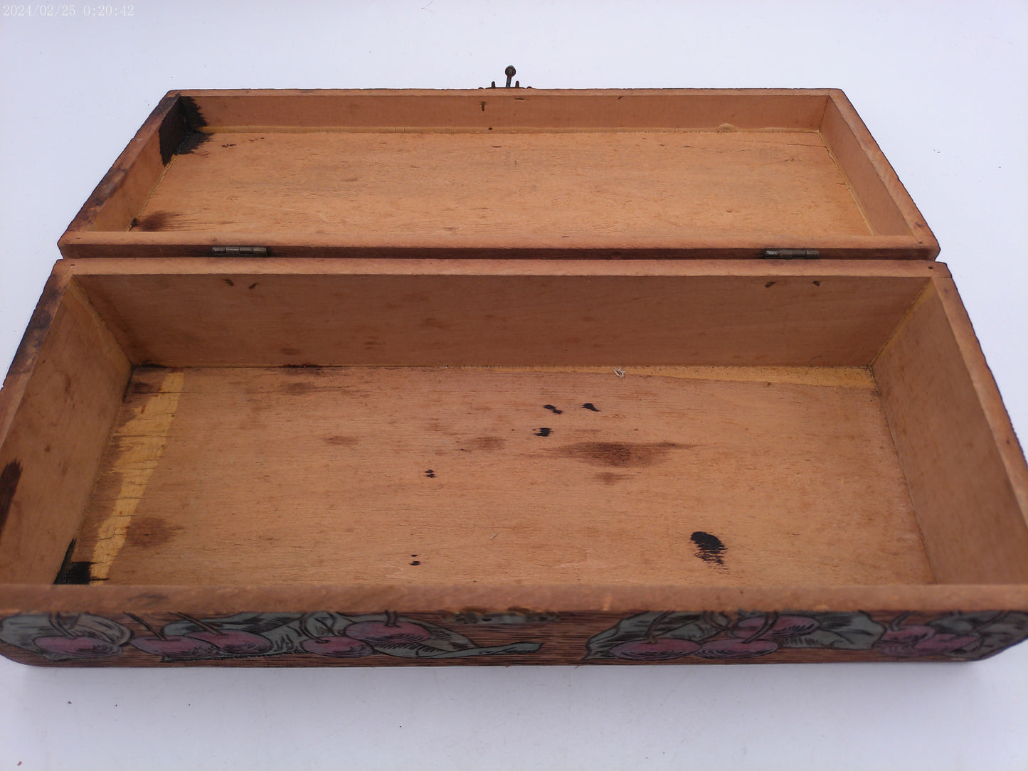 Folk Art Wooden Box Pyrography Cherry Theme Flemish Art