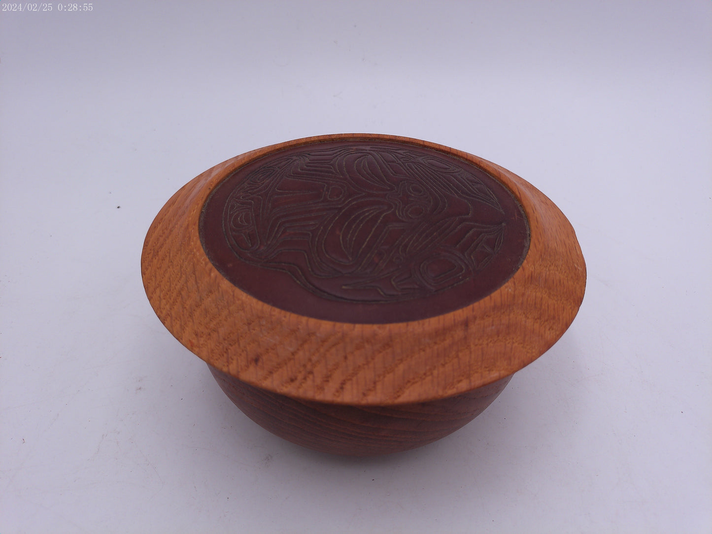 Round turned Wood Trinket Box craved sea wolf  design on lid