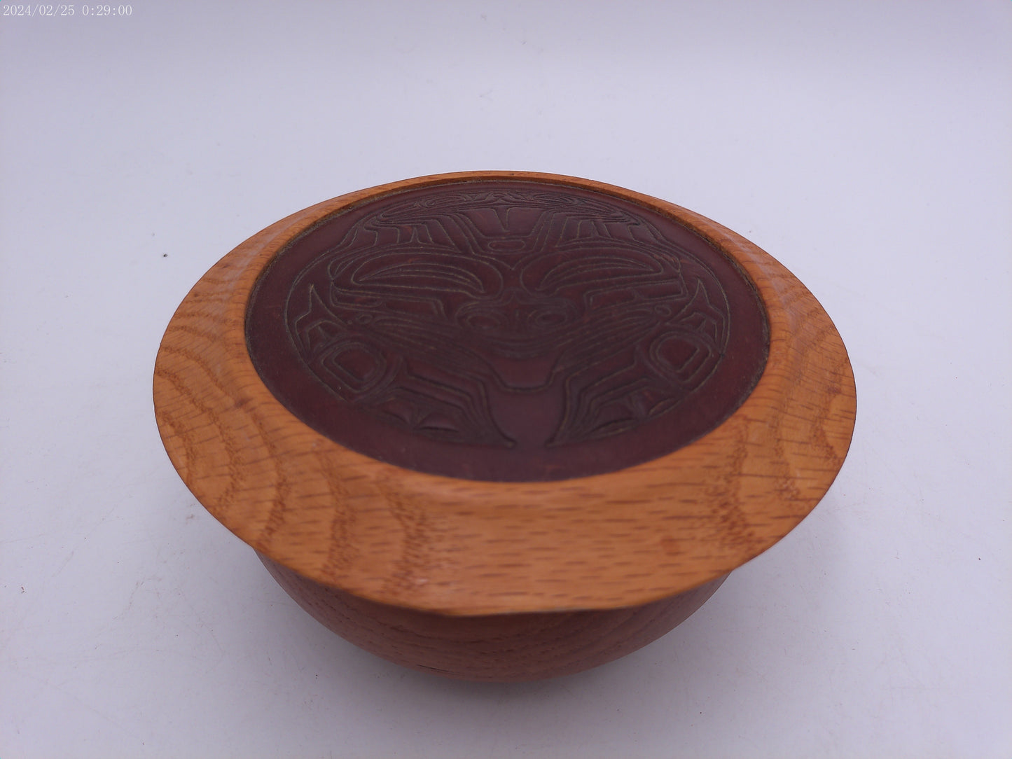Round turned Wood Trinket Box craved sea wolf  design on lid