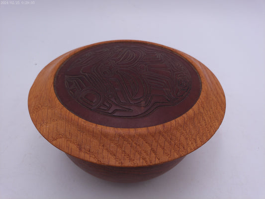 Round turned Wood Trinket Box craved sea wolf  design on lid