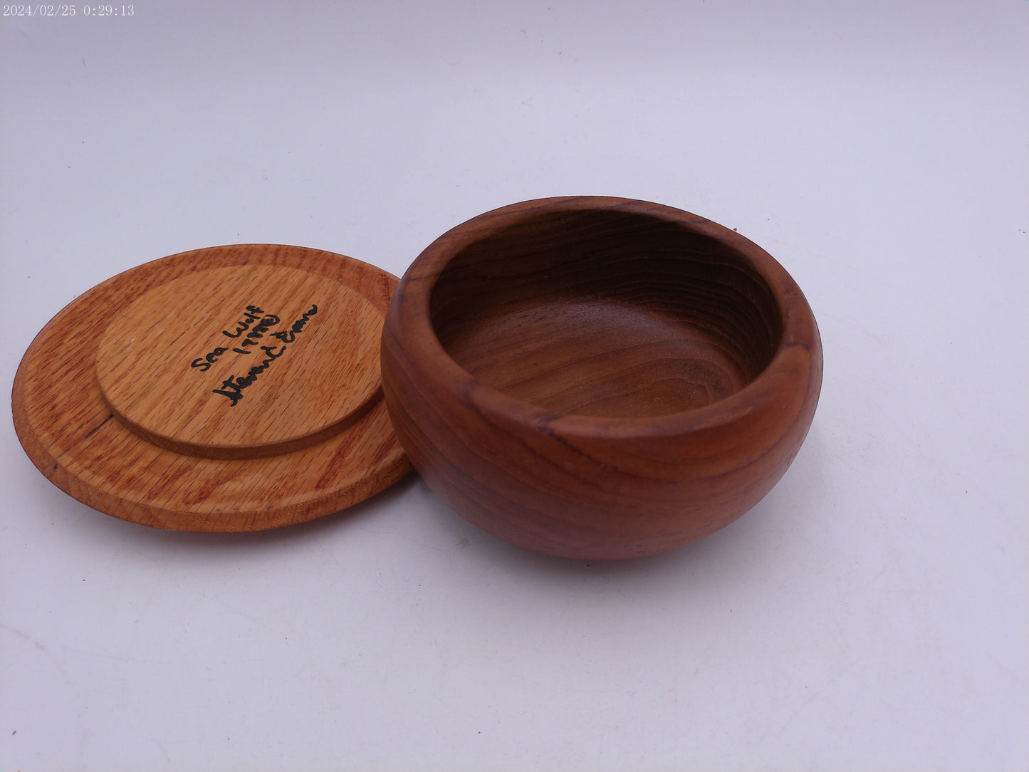 Round turned Wood Trinket Box craved sea wolf  design on lid