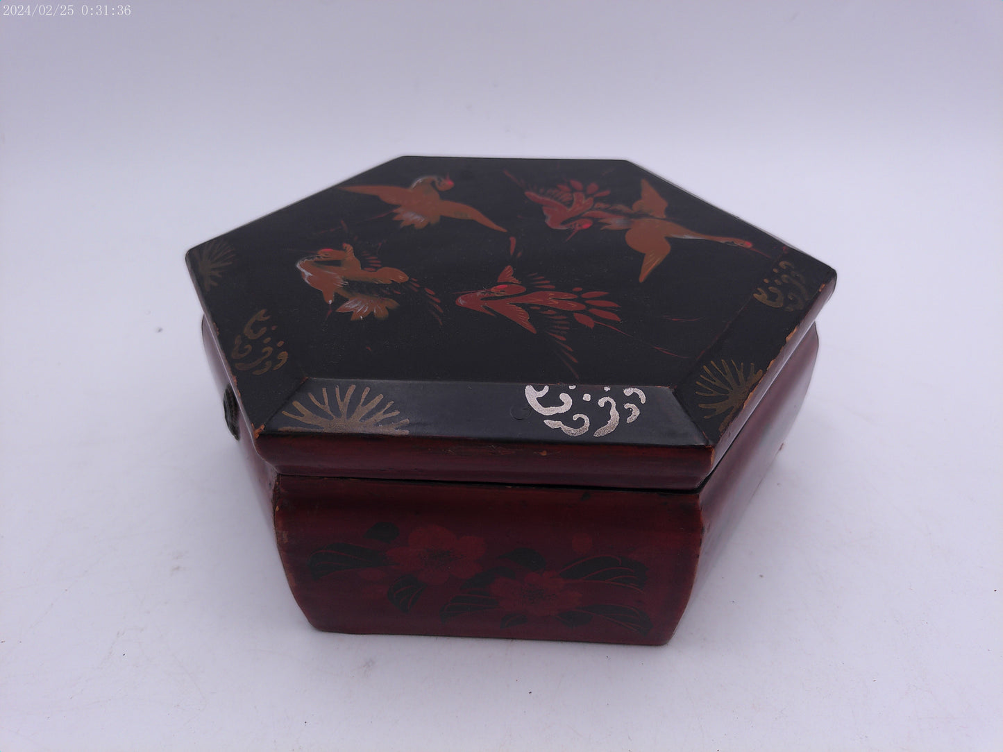 Hexagonal lacquer Wooden jewelry box Vintage