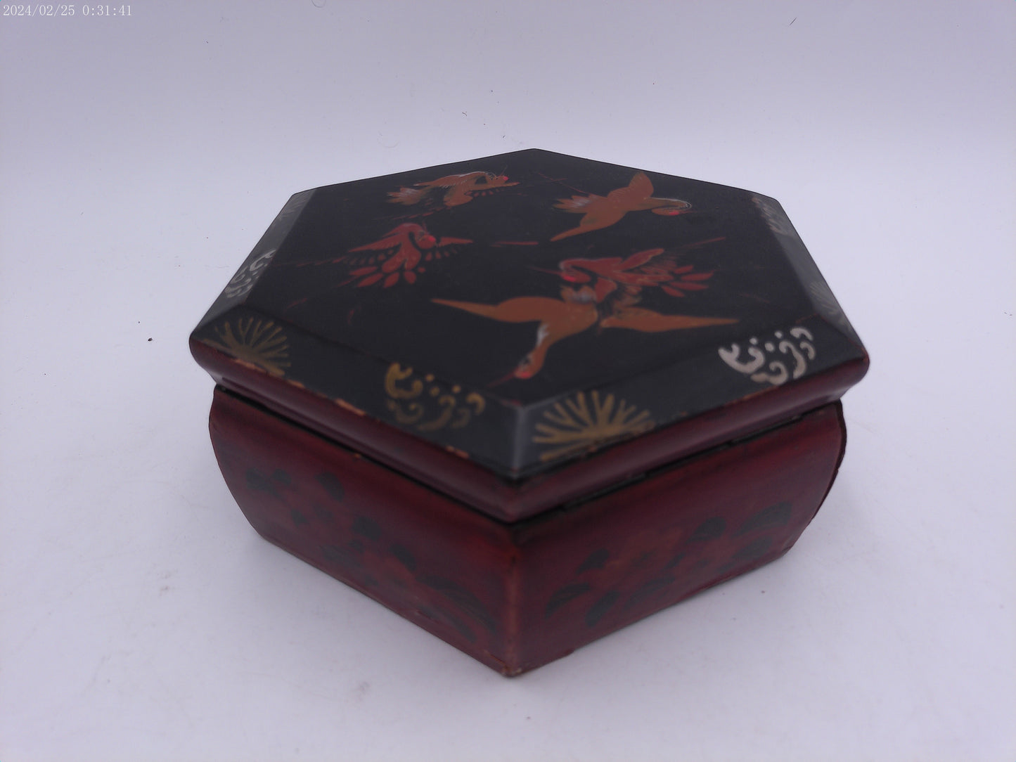 Hexagonal lacquer Wooden jewelry box Vintage