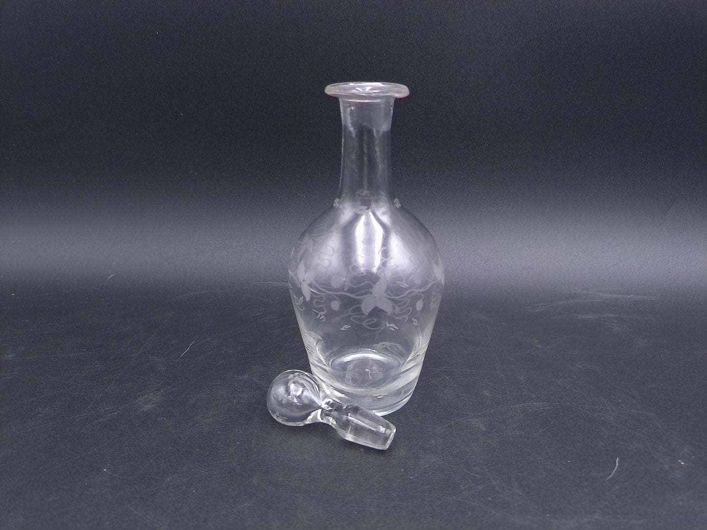Mid-Century Modernist Crystal Glass Decanter Vase Flower Pattern on Glass