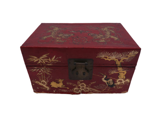 Antique Chinese Red Lacquer Gold painted Miniature Trunk box