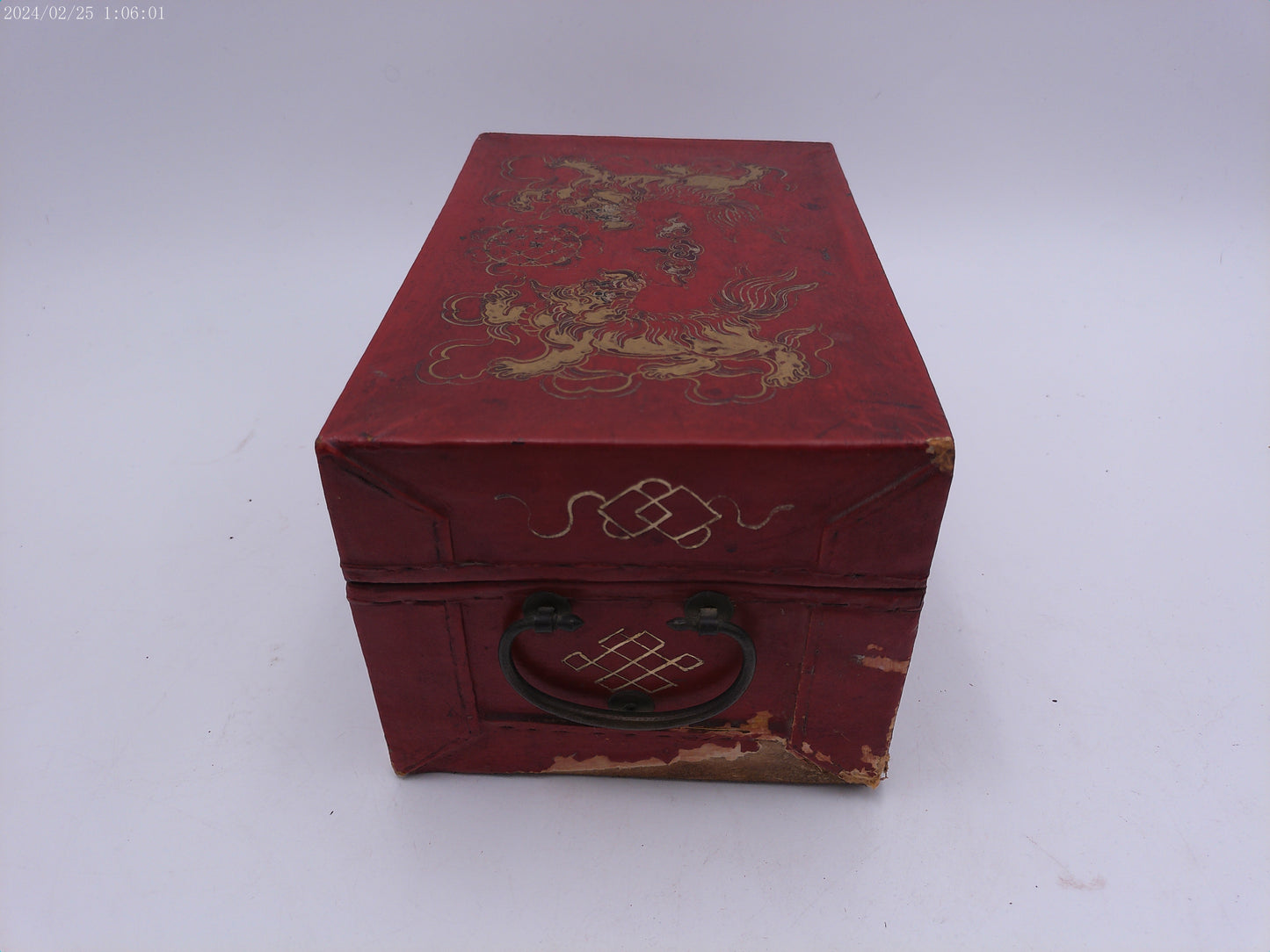 Antique Chinese Red Lacquer Gold painted Miniature Trunk box