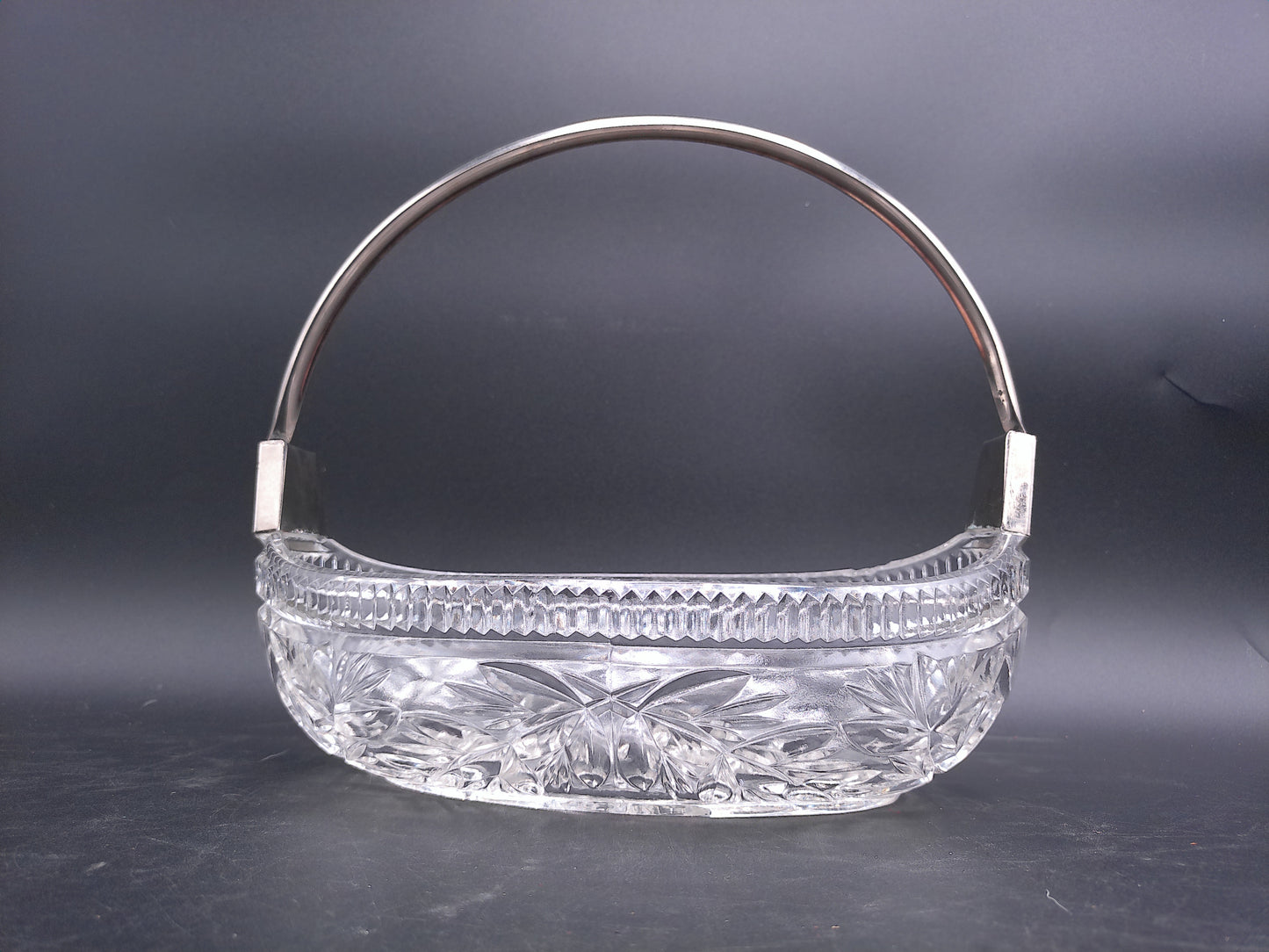 Heavy Crystal Glass Basket Bowl with Silver Coloured Metal Handle