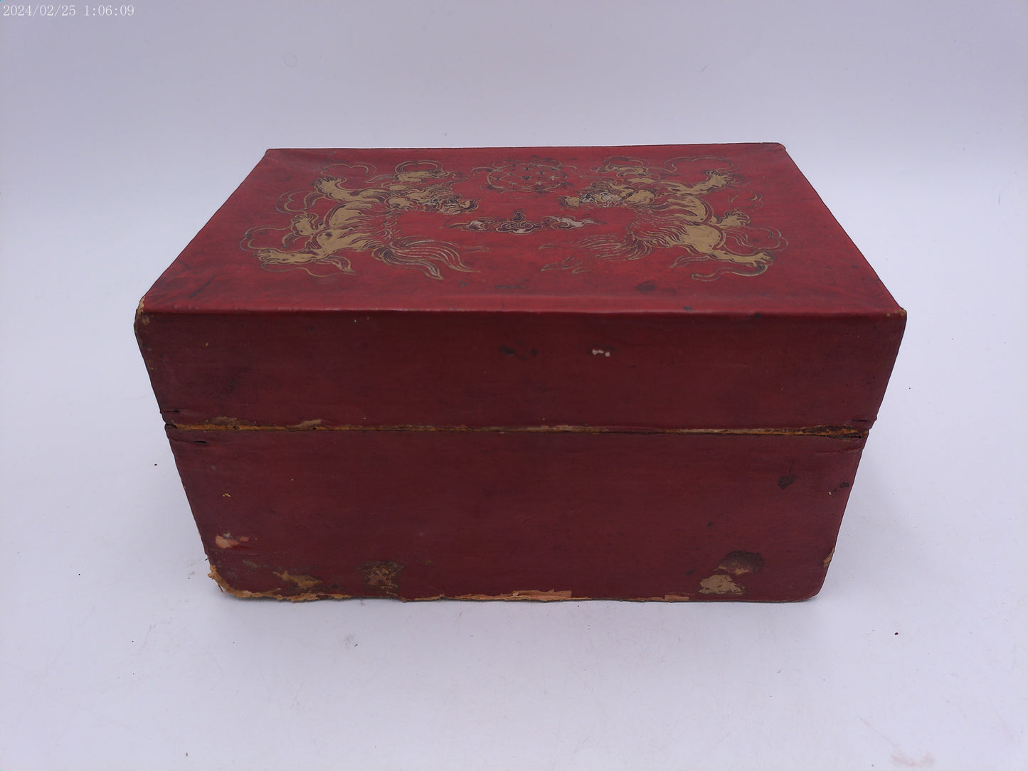 Antique Chinese Red Lacquer Gold painted Miniature Trunk box