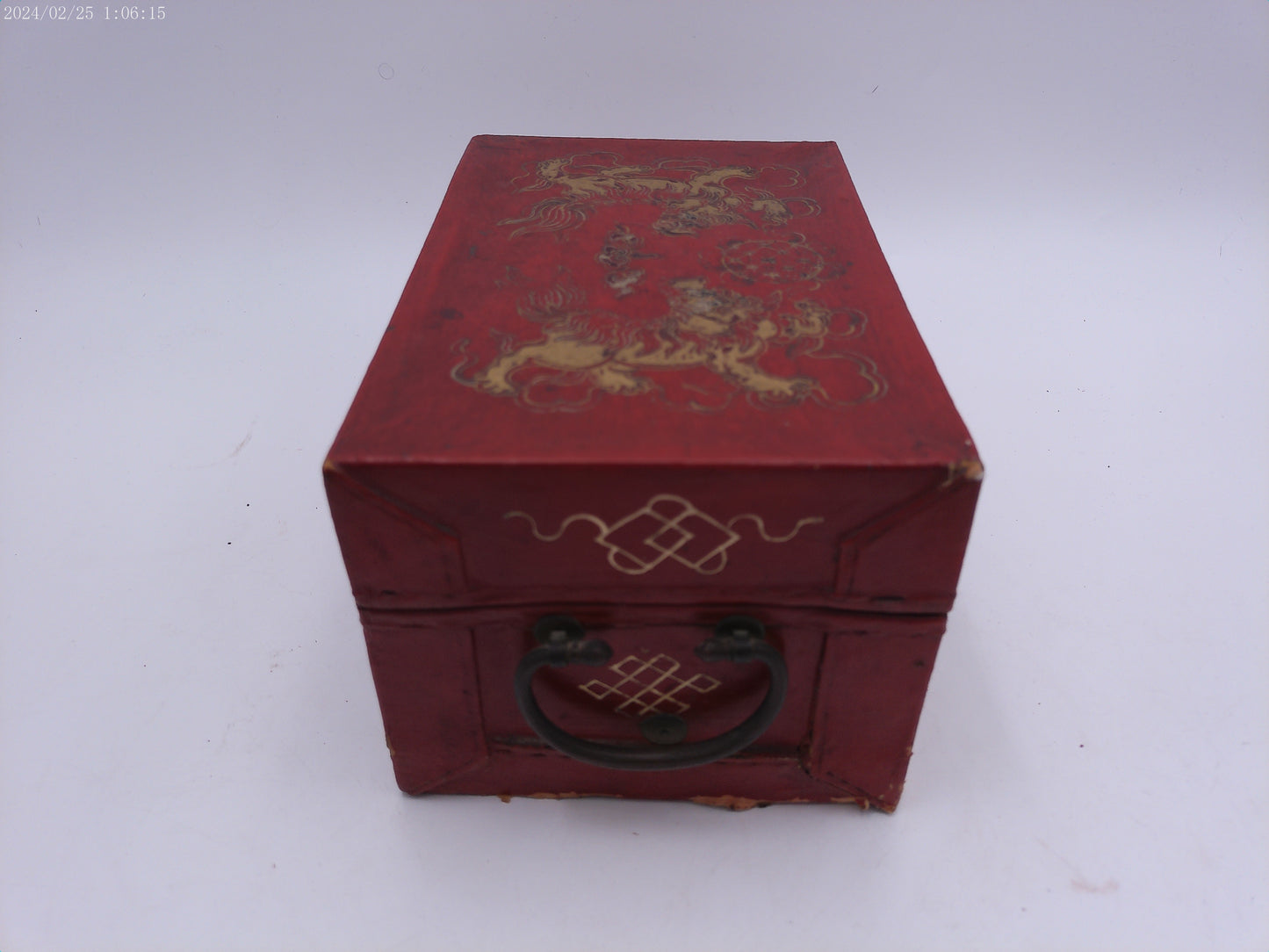 Antique Chinese Red Lacquer Gold painted Miniature Trunk box