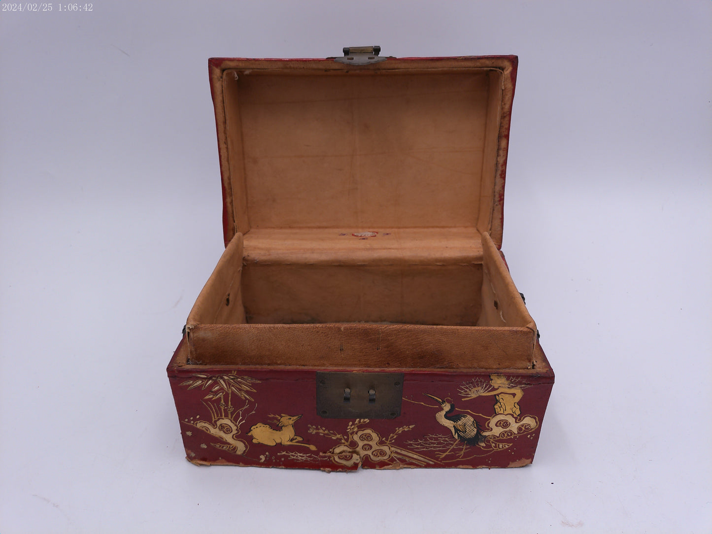 Antique Chinese Red Lacquer Gold painted Miniature Trunk box