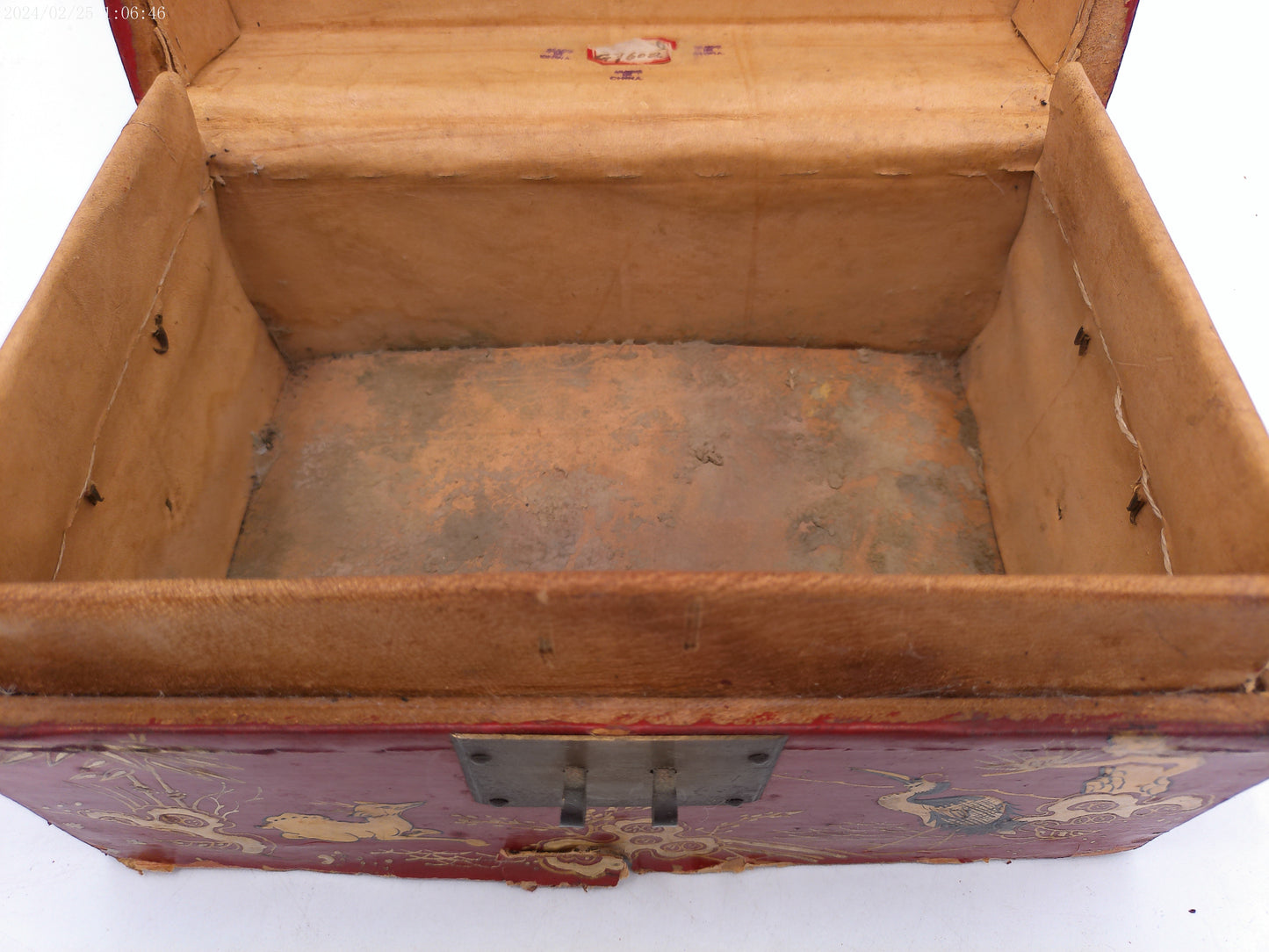 Antique Chinese Red Lacquer Gold painted Miniature Trunk box