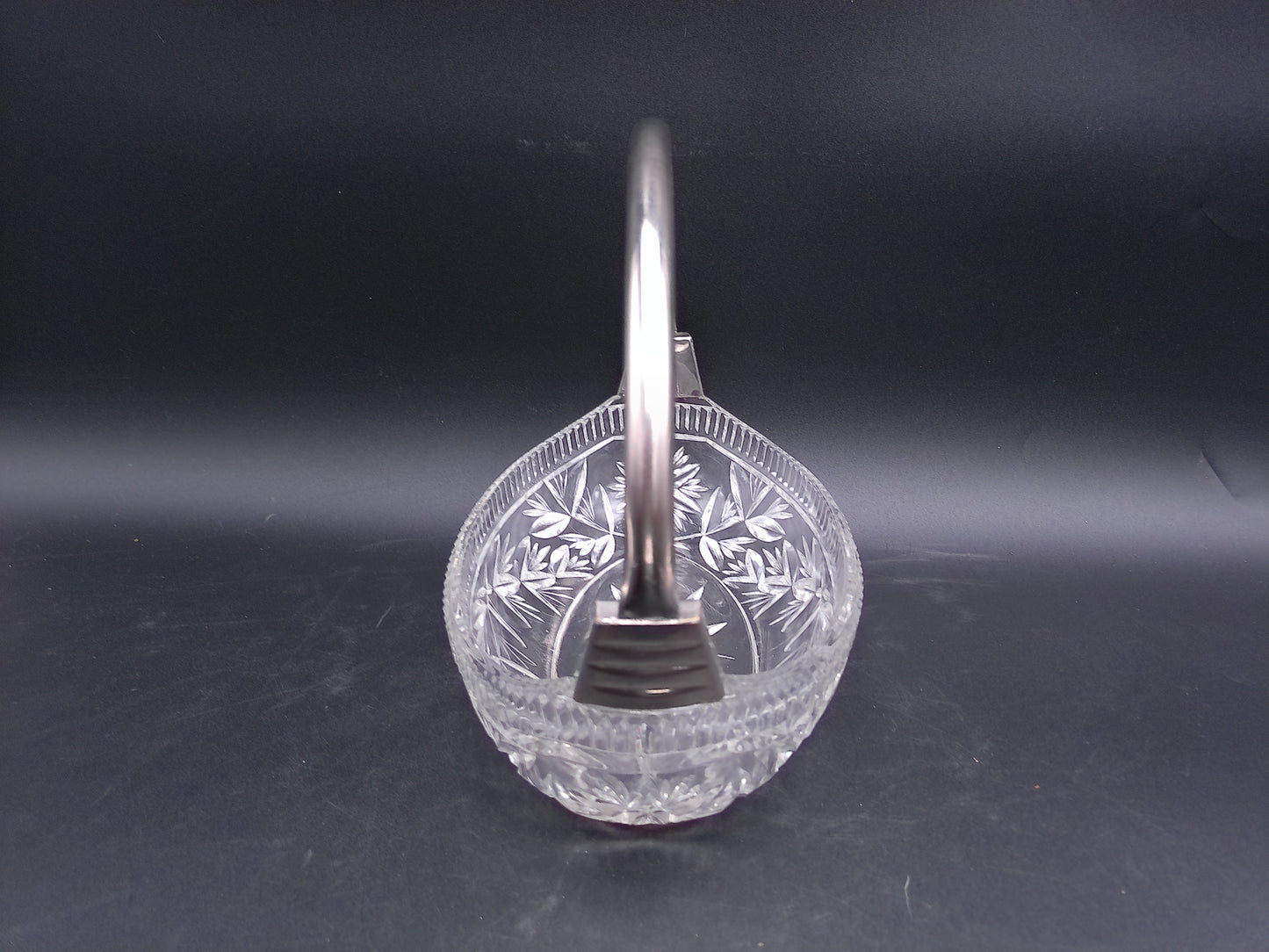 Heavy Crystal Glass Basket Bowl with Silver Coloured Metal Handle