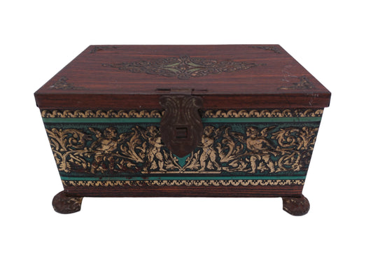 Vintage Metal Trinket Box  Metal "Wood Look" Keepsake Box with Cherub Design