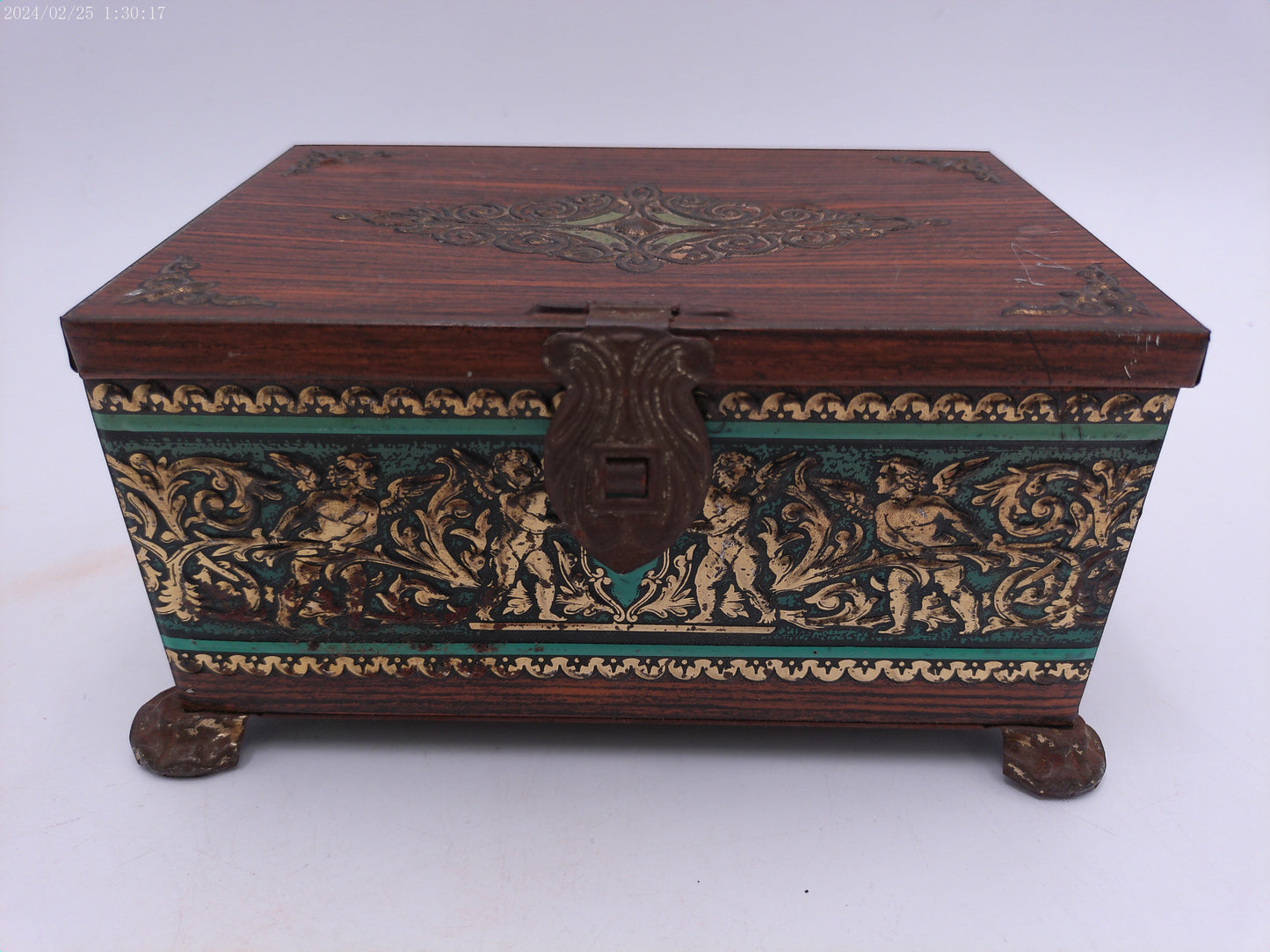 Vintage Metal Trinket Box Metal "Wood Look" Keepsake Box with Cherub Design