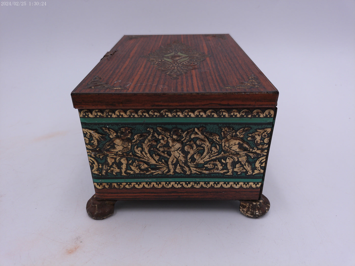 Vintage Metal Trinket Box Metal "Wood Look" Keepsake Box with Cherub Design