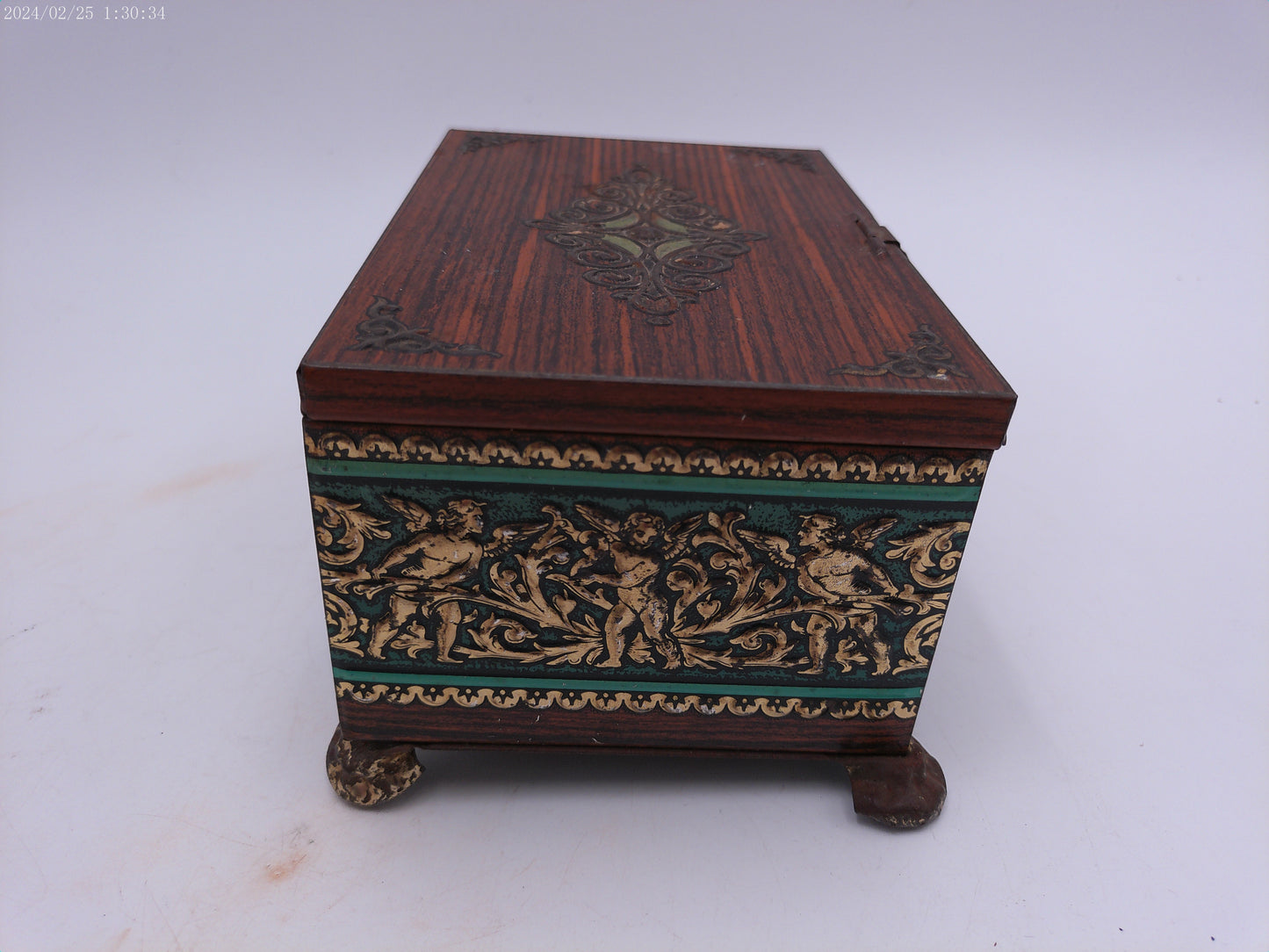 Vintage Metal Trinket Box Metal "Wood Look" Keepsake Box with Cherub Design