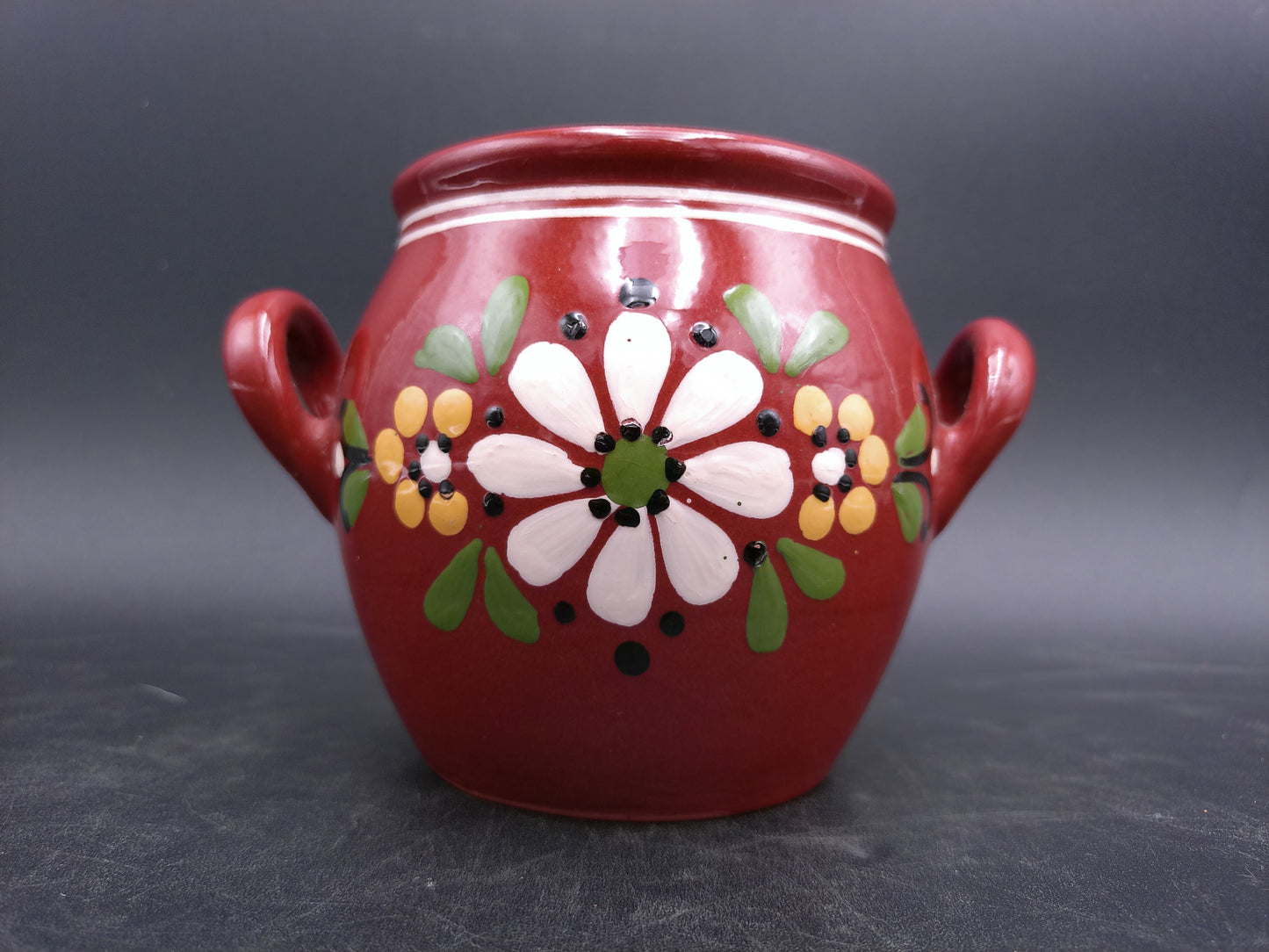 Mexican Style Small Pottery Pot With Handles Clay Floral Design
