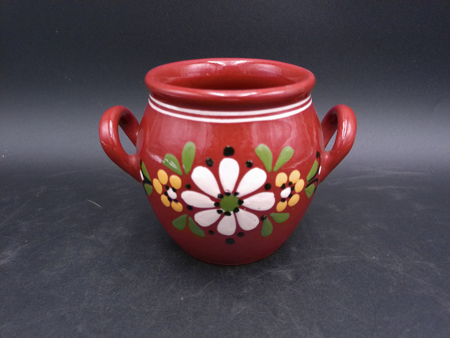 Mexican Style Small Pottery Pot With Handles Clay Floral Design