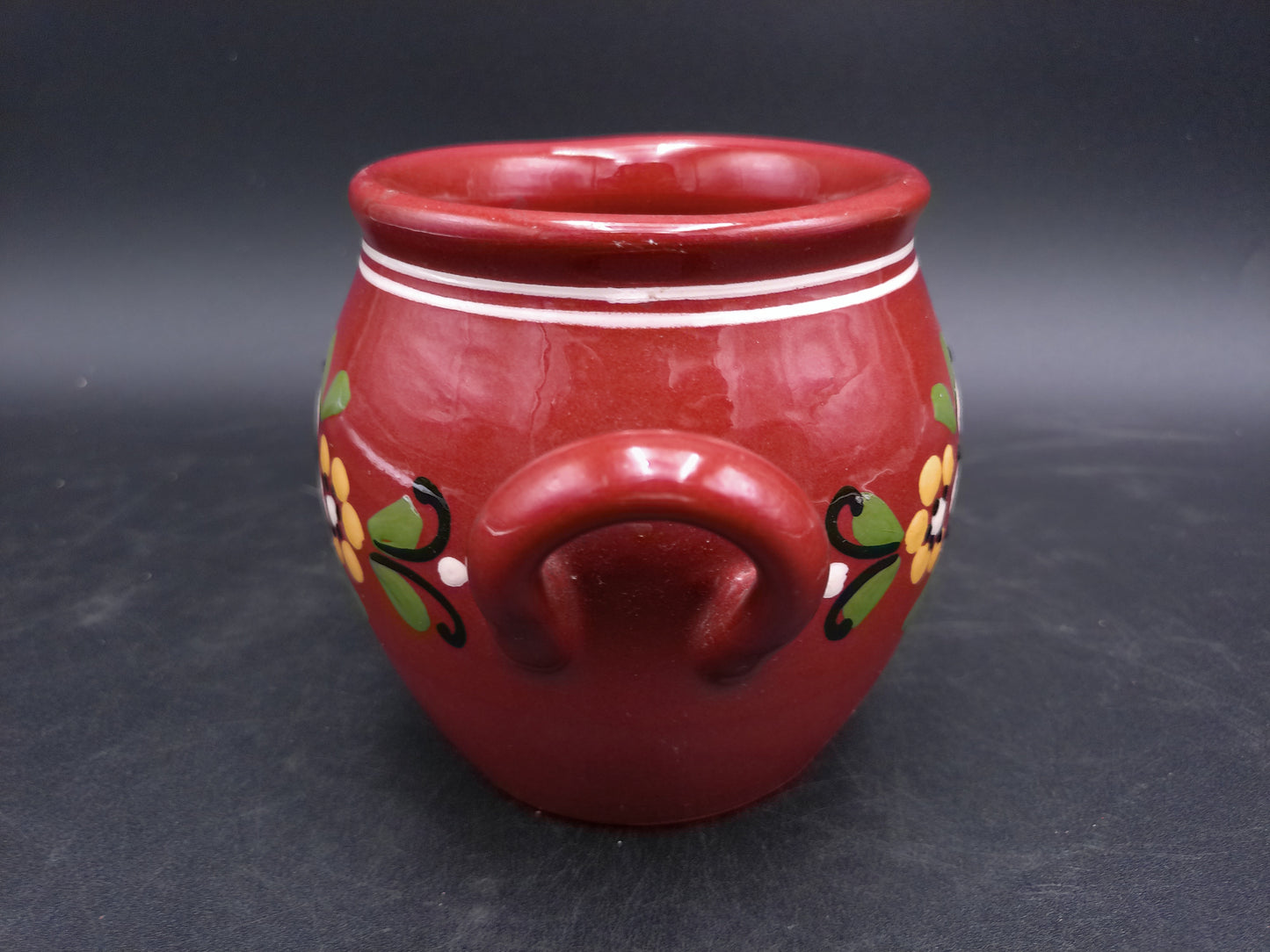 Mexican Style Small Pottery Pot With Handles Clay Floral Design